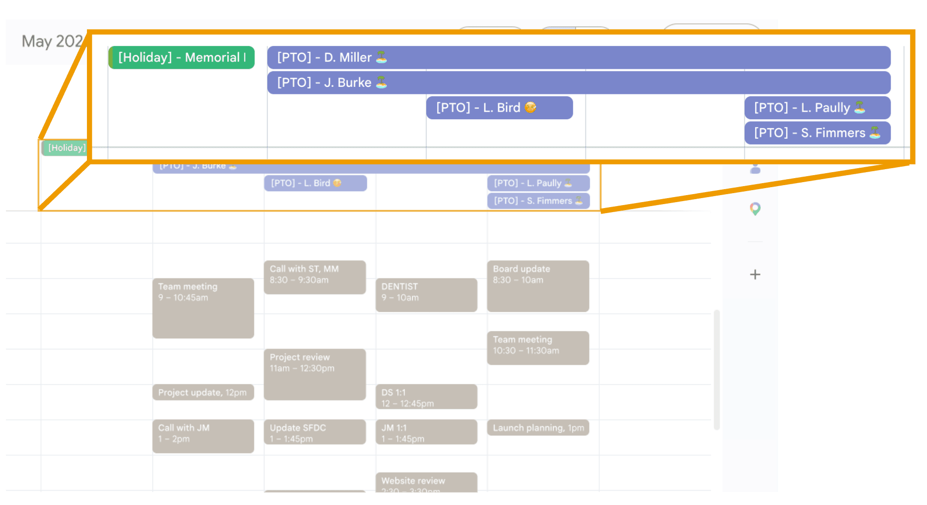 Team PTO events shown in Google Calendar